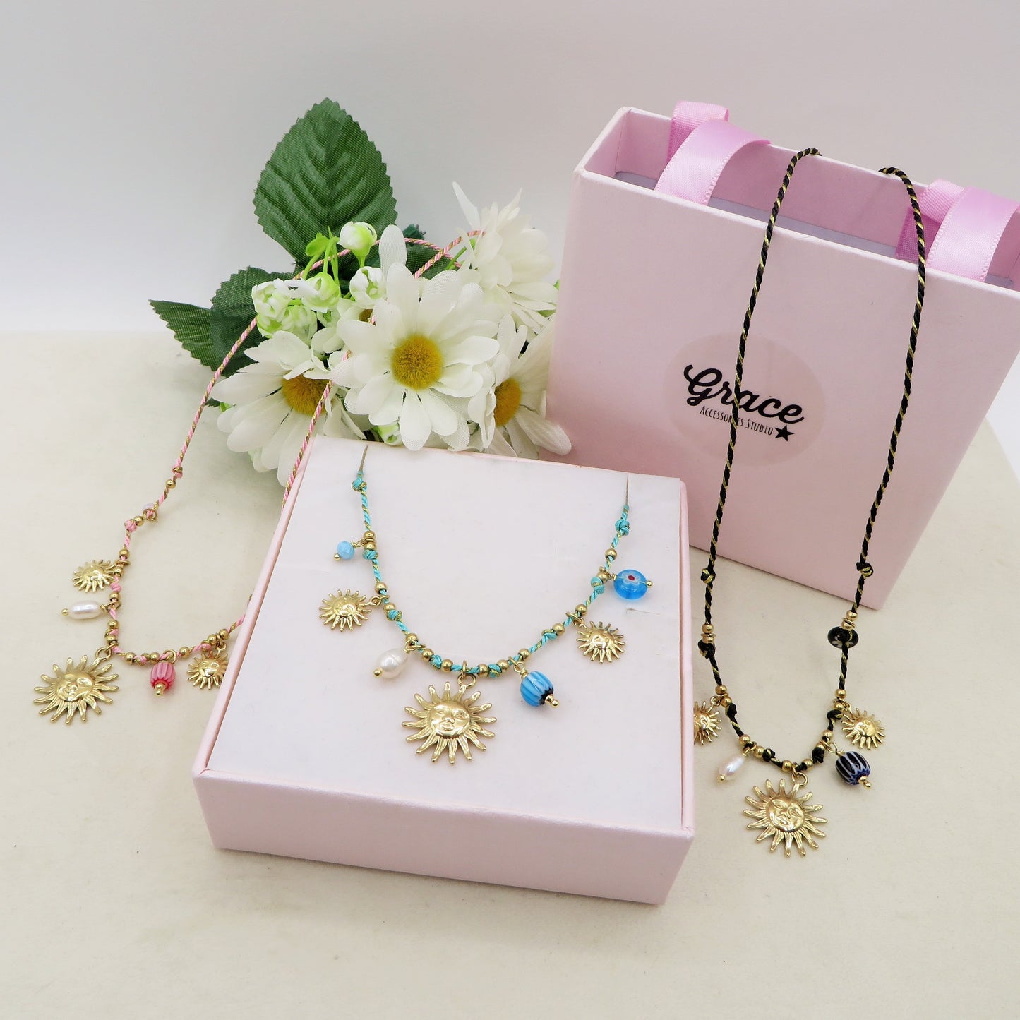 SOLEIL COLLANA - ACCIAIO inossidabile - Collana catena charms sole e murrine