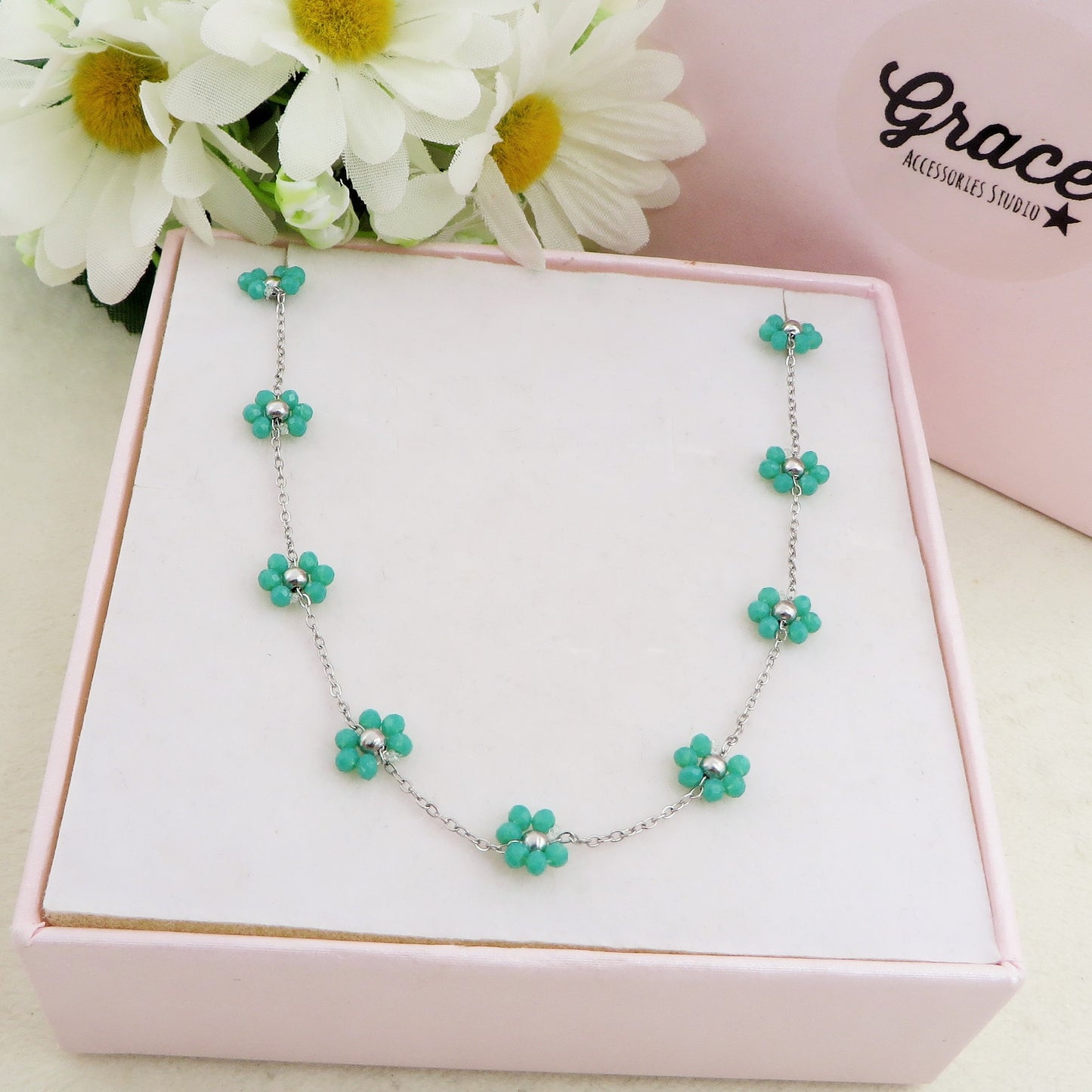 DAISY ~ ACCIAIO INOSSIDABILE ~ Collana con fiori e cristalli
