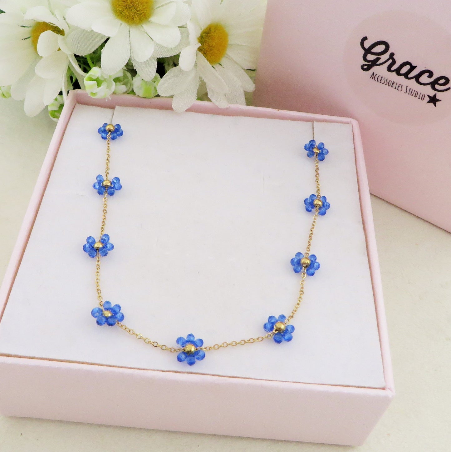 DAISY ~ ACCIAIO INOSSIDABILE ~ Collana con fiori e cristalli