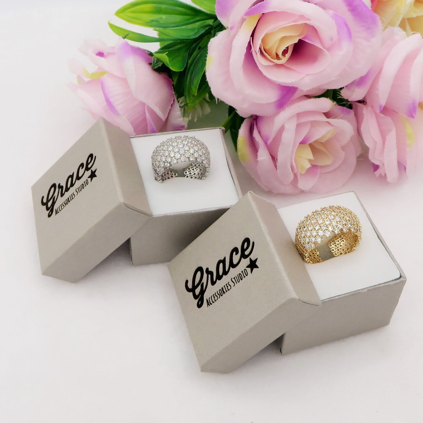 JANET ~ Anello fedona regolabile zirconata in cubic zirconia
