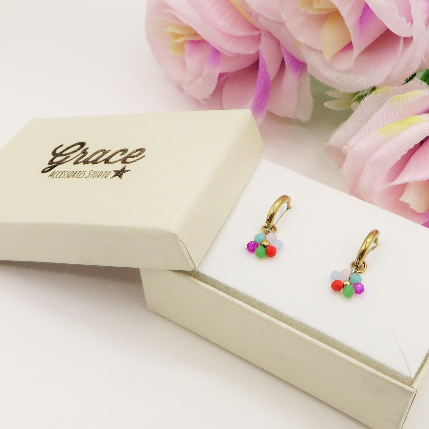 DAISY ~ ACCIAIO INOSSIDABILE Orecchini mini hoops con fiori e cristalli