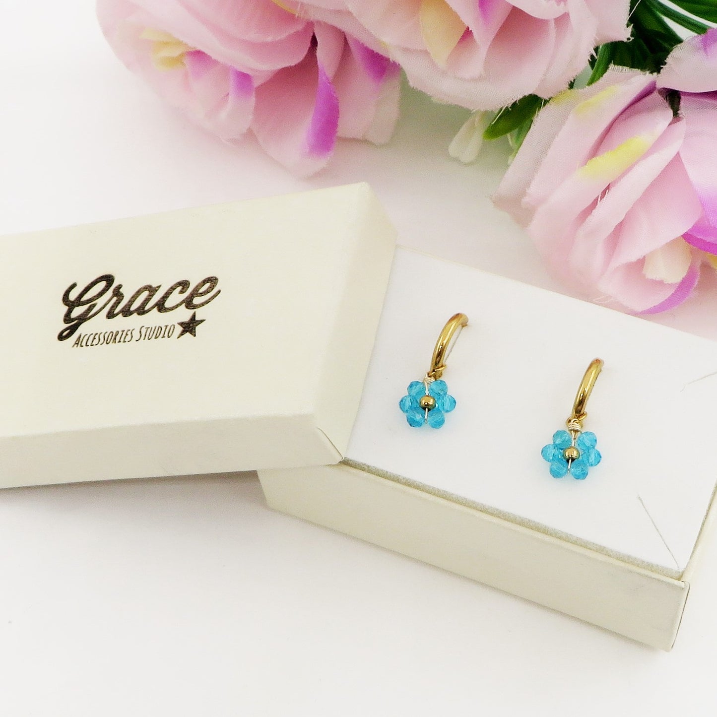 DAISY ~ ACCIAIO INOSSIDABILE Orecchini mini hoops con fiori e cristalli