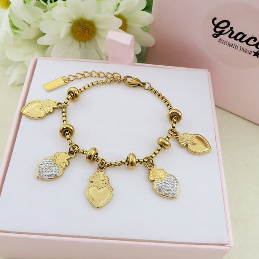 SACRED CRYSTAL - Bracciale con pendenti cuore sacro zirconati e lisci ACCIAIO INOSSIDABILE