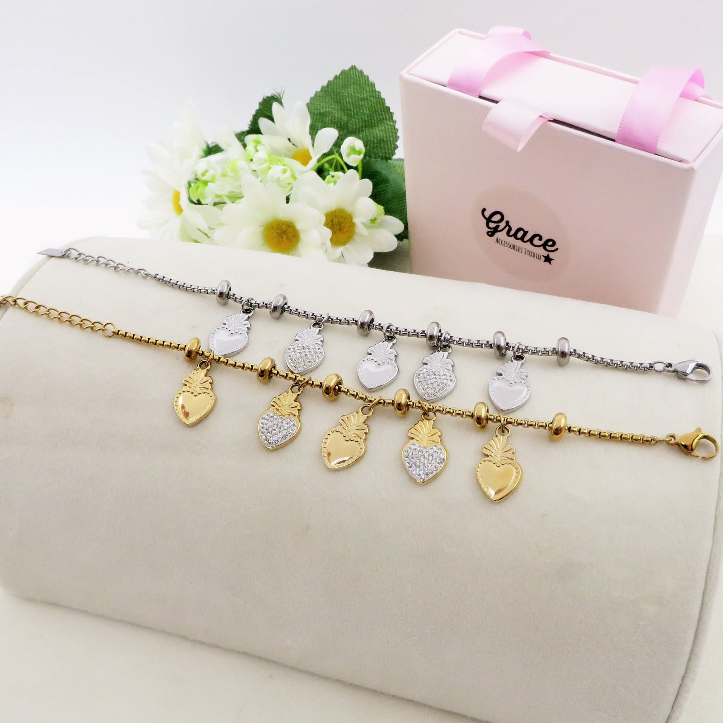 SACRED CRYSTAL - Bracciale con pendenti cuore sacro zirconati e lisci ACCIAIO INOSSIDABILE