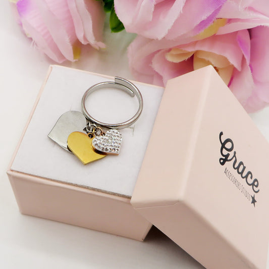 Anello TRIPLE big hearts - pendenti a cuore Anello regolabile in Acciaio inossidabile + cubic zirconia