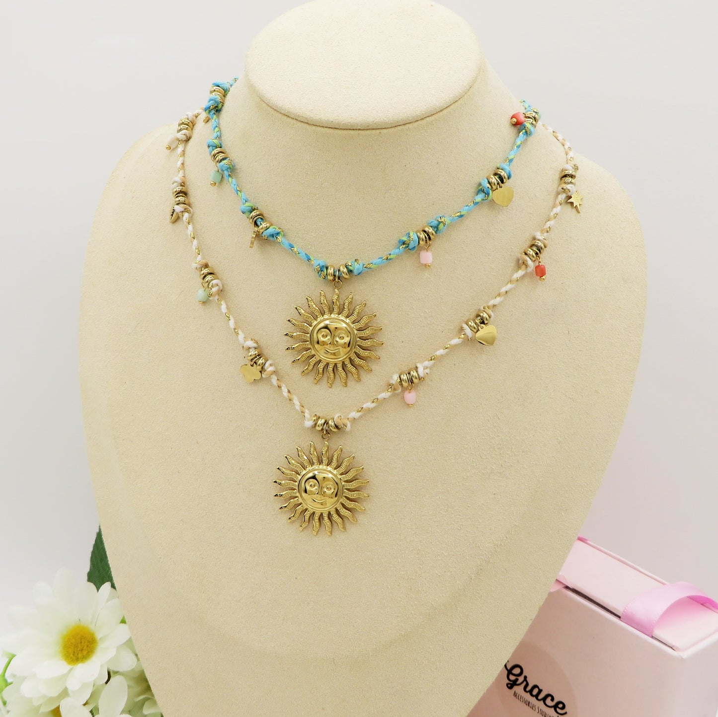 SOLEA COLLANA - ACCIAIO inossidabile - Collana intrecciata con sole e pietre dure