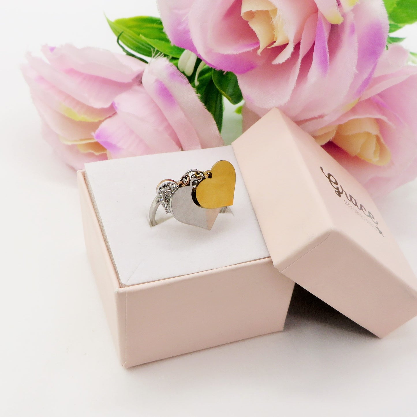 Anello TRIPLE big hearts - pendenti a cuore Anello regolabile in Acciaio inossidabile + cubic zirconia