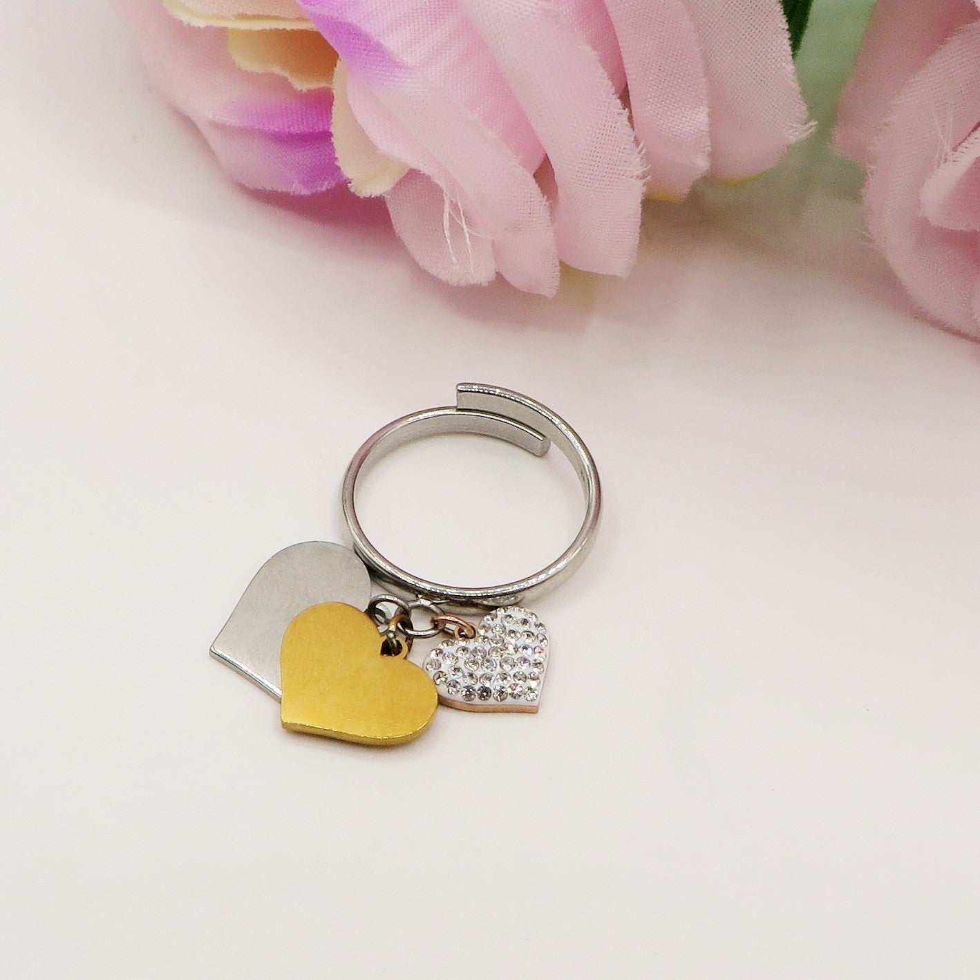 Anello TRIPLE big hearts - pendenti a cuore Anello regolabile in Acciaio inossidabile + cubic zirconia