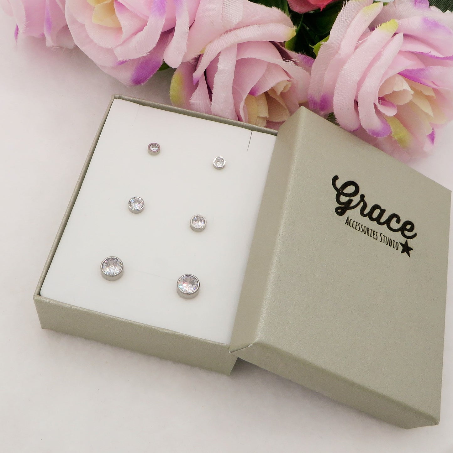 SET 3 PAIA - punti luce CINDY acciaio inossidabile ~ 6 PZ ~ 3 Paia~ Orecchini lobo con cubic zirconia