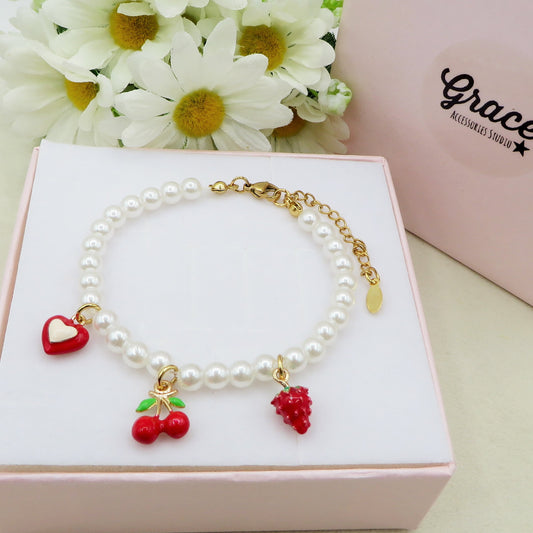 CHERRY HEART - ACCIAIO inossidabile - Bracciale perle e charms ciliegie - cuore - mix zirconati