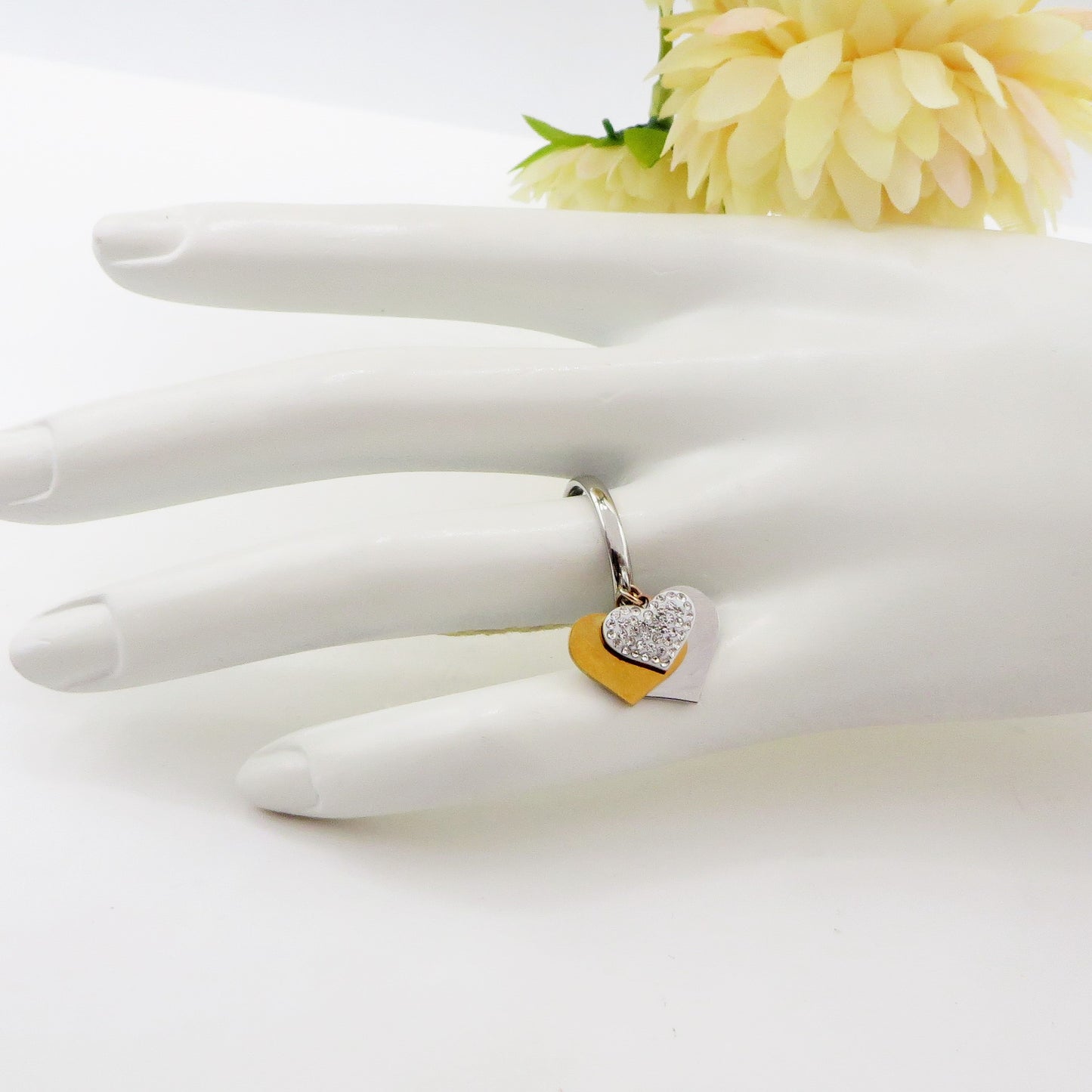 Anello TRIPLE big hearts - pendenti a cuore Anello regolabile in Acciaio inossidabile + cubic zirconia