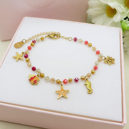 MAORI ~ Bracciale ACCIAIO INOSSIDABILE con cristalli e ciondoli marini