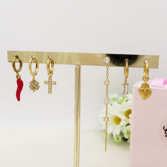 FAIRY Set 6 orecchini - ACCIAIO INOSSIDABILE - 6 Orecchini, hoops e saliscendi con cubic zirconia