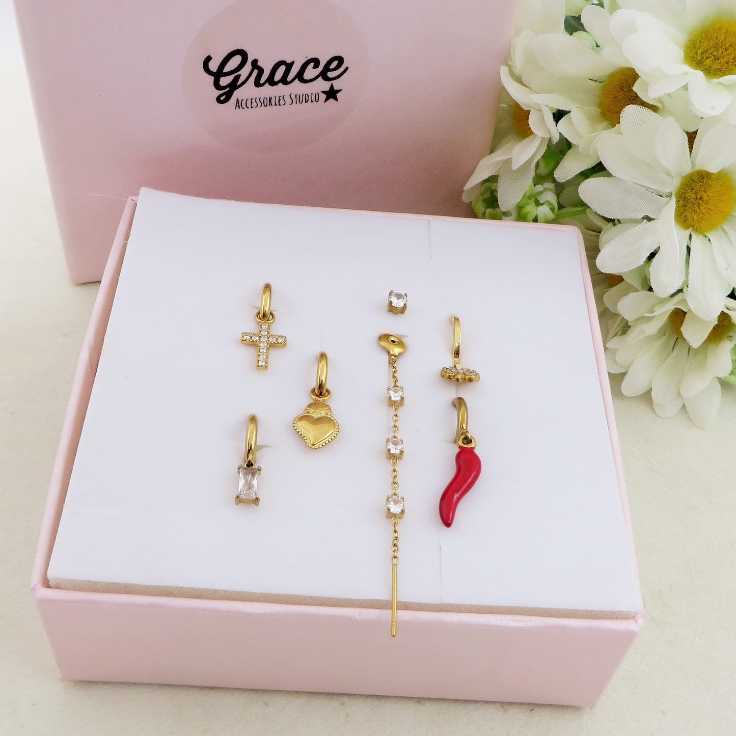FAIRY Set 6 orecchini - ACCIAIO INOSSIDABILE - 6 Orecchini, hoops e saliscendi con cubic zirconia