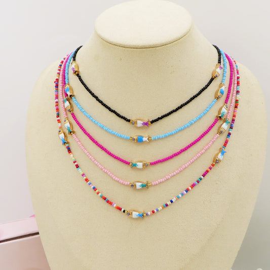 THALASSA - Collana perline cristallo con pesciolini e ACCIAIO inossidabile colori brillanti