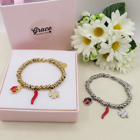 LUCKY LADYBUG - Bracciale con ciondoli scaramantici e coccinella ACCIAIO INOSSIDABILE