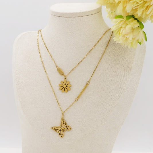 BLOOM ~ Collana doppia in ACCIAIO INOSSIDABILE doppia con margherita e farfalla