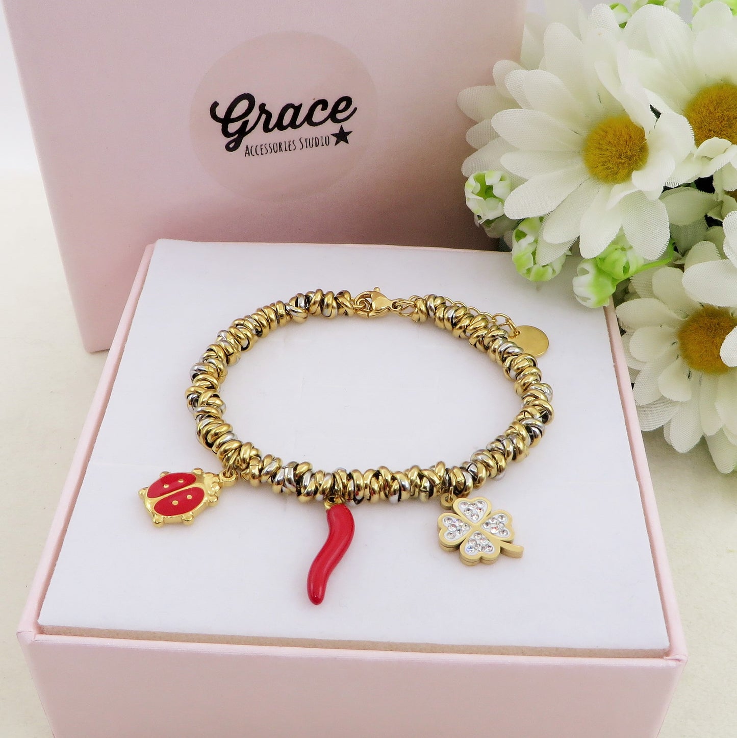 LUCKY LADYBUG - Bracciale con ciondoli scaramantici e coccinella ACCIAIO INOSSIDABILE