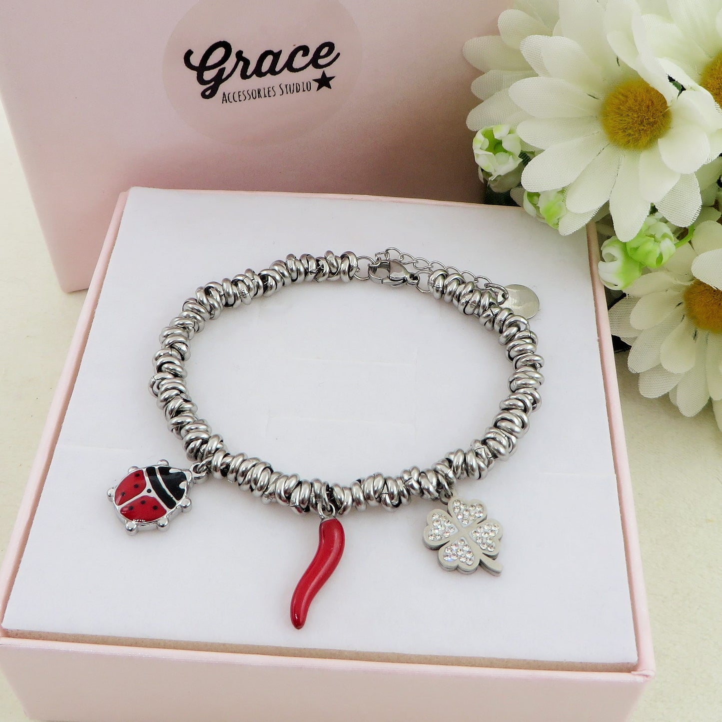 LUCKY LADYBUG - Bracciale con ciondoli scaramantici e coccinella ACCIAIO INOSSIDABILE
