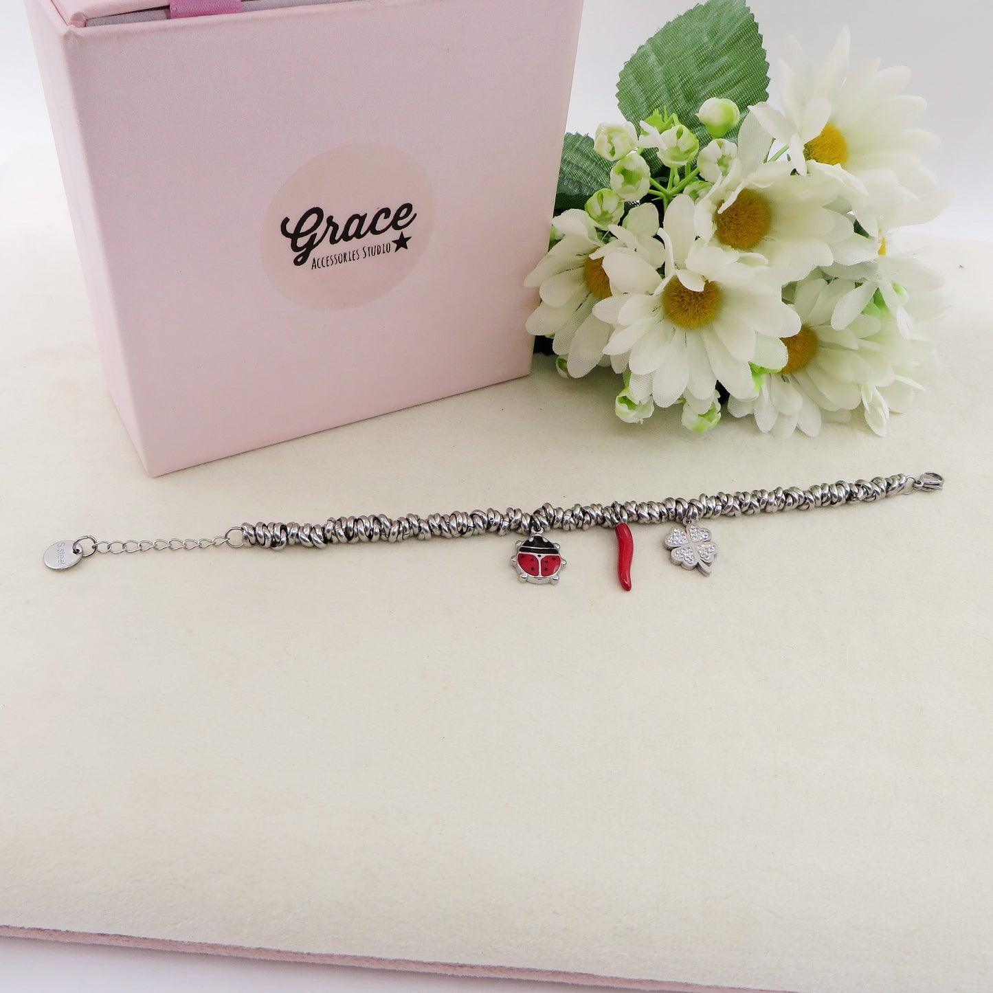LUCKY LADYBUG - Bracciale con ciondoli scaramantici e coccinella ACCIAIO INOSSIDABILE