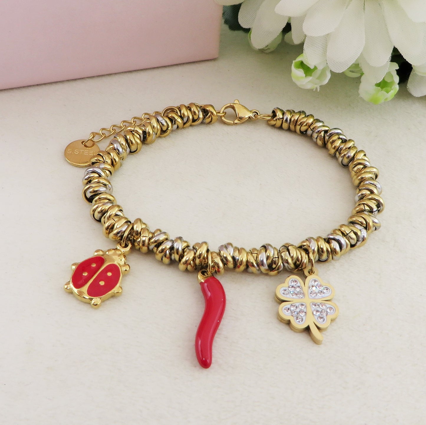 LUCKY LADYBUG - Bracciale con ciondoli scaramantici e coccinella ACCIAIO INOSSIDABILE