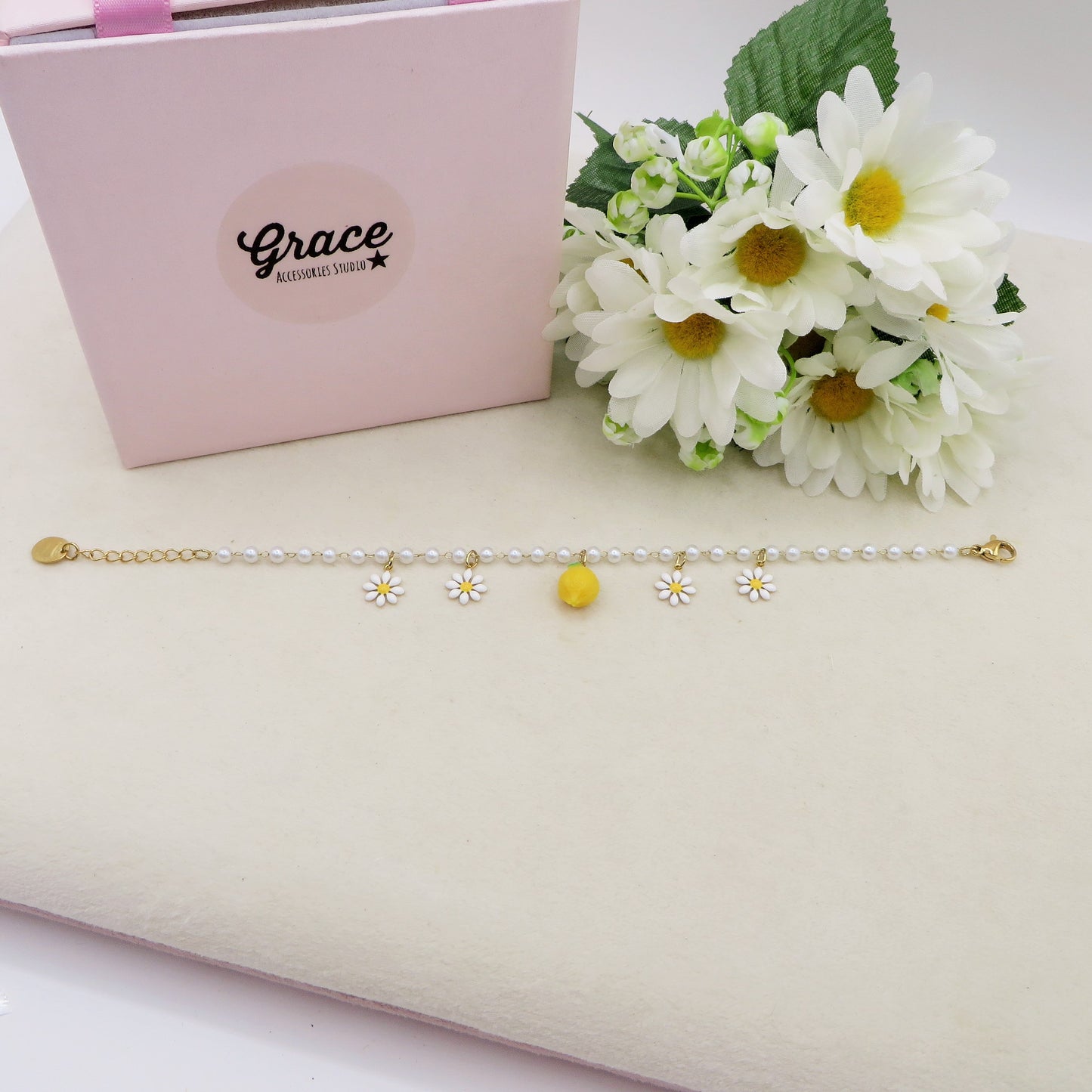 DAISY LEMONS BRACCIALE - ACCIAIO inossidabile - Bracciale perle charms frutta LIMONI e MARGHERITE