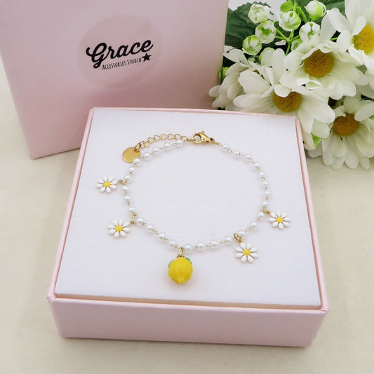 DAISY LEMONS BRACCIALE - ACCIAIO inossidabile - Bracciale perle charms frutta LIMONI e MARGHERITE