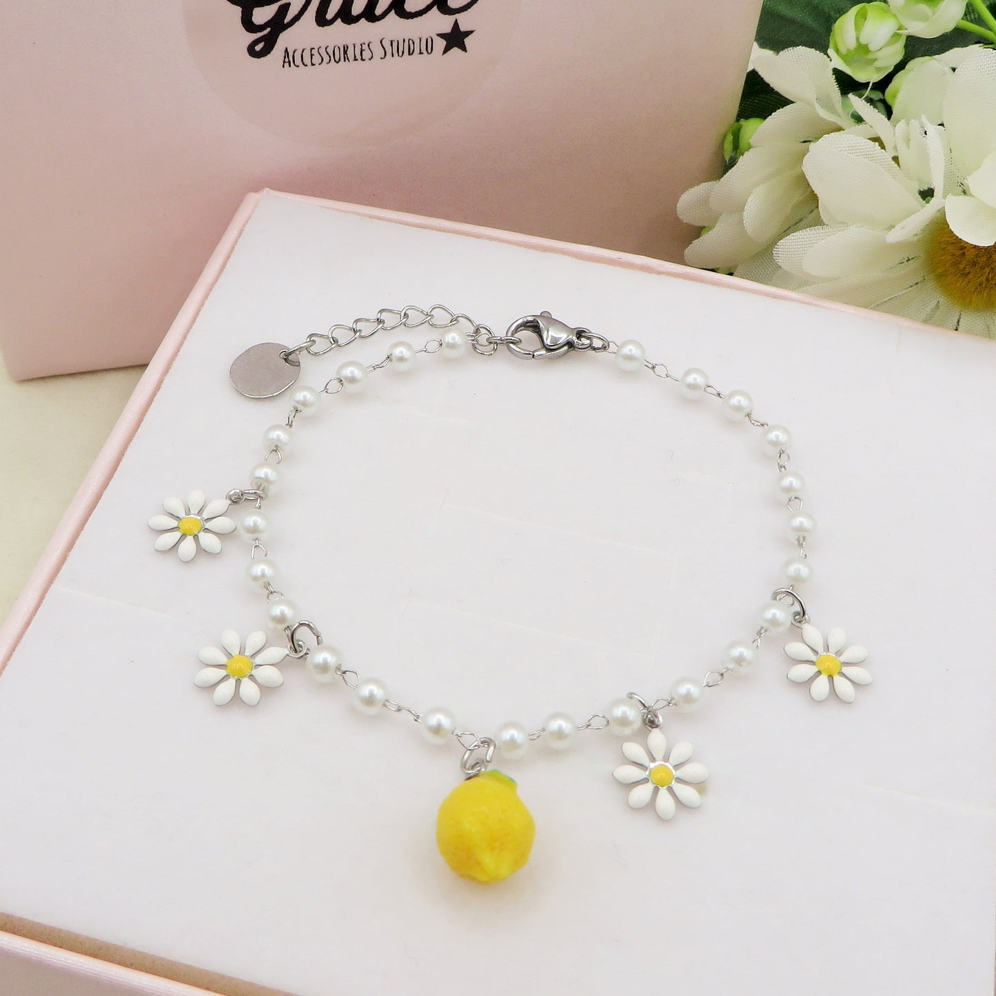 DAISY LEMONS BRACCIALE - ACCIAIO inossidabile - Bracciale perle charms frutta LIMONI e MARGHERITE