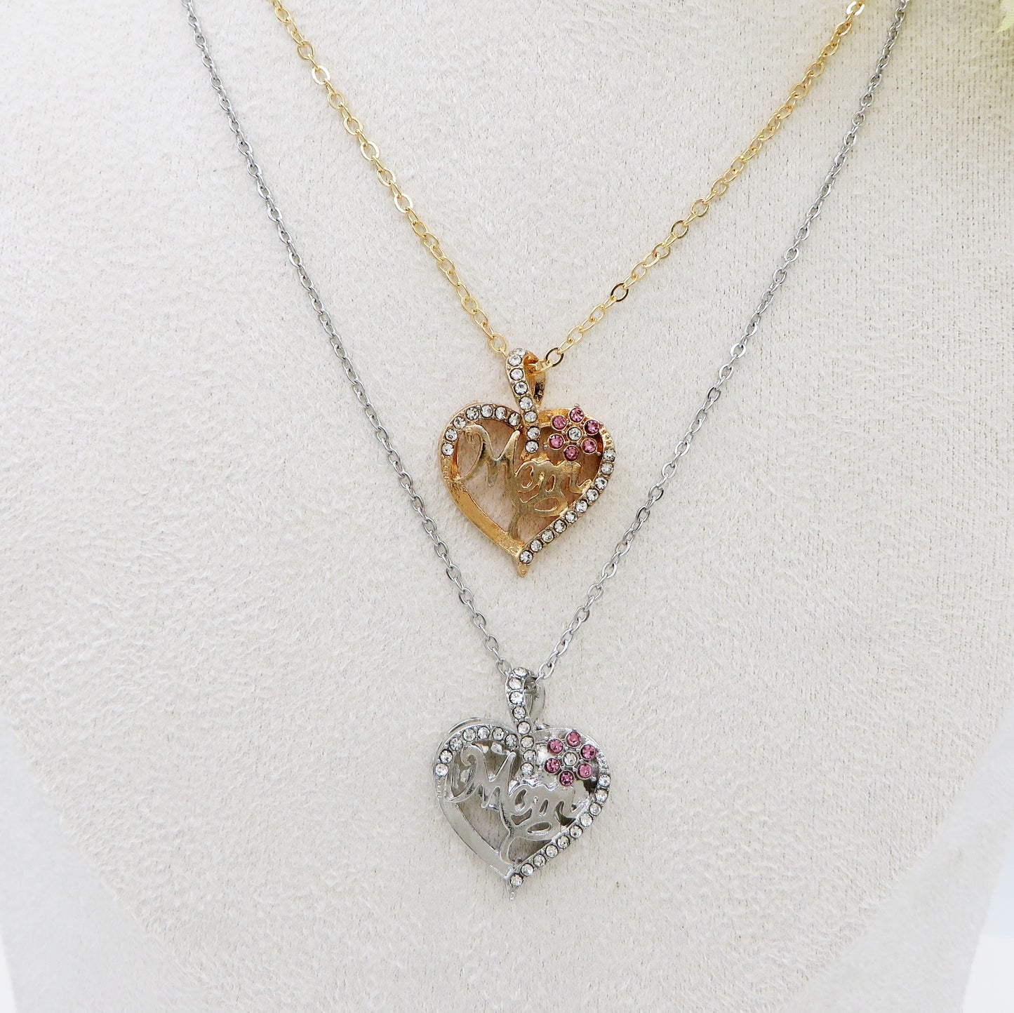 MOM FLOWER HEART - Collana Con scritta MAMMA + CUORE e fiore zirconato