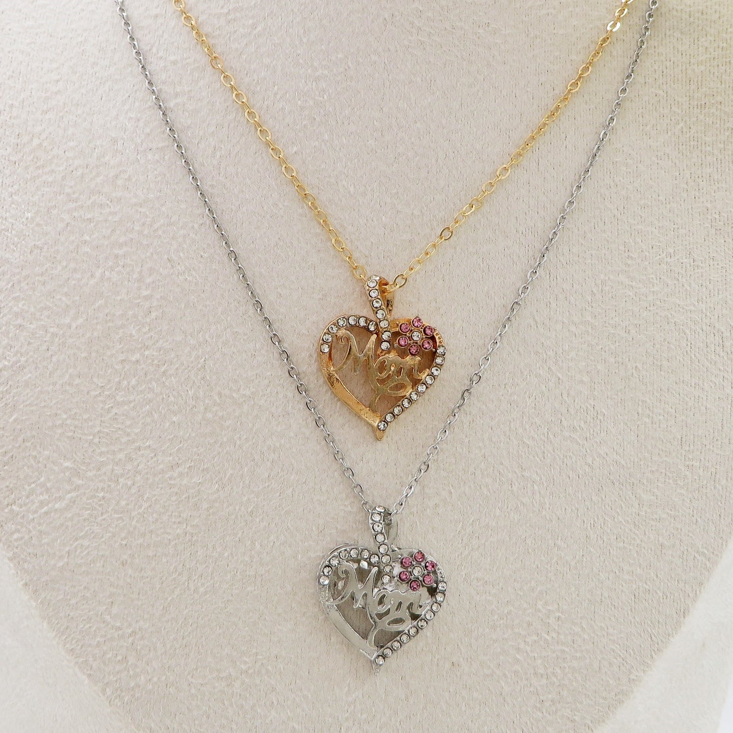 MOM FLOWER HEART - Collana Con scritta MAMMA + CUORE e fiore zirconato