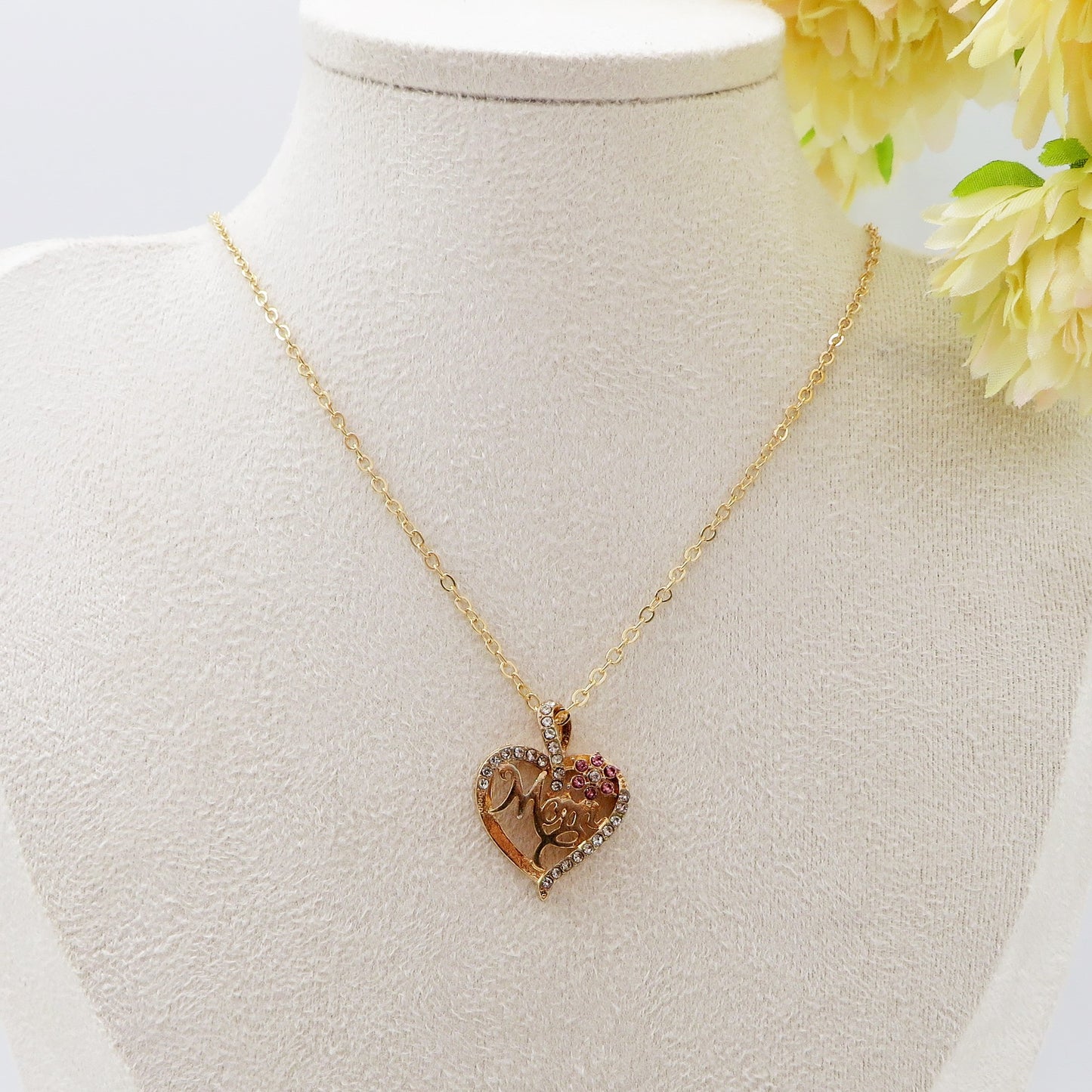 MOM FLOWER HEART - Collana Con scritta MAMMA + CUORE e fiore zirconato