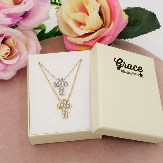 PHOEBE MINI - ACCIAIO INOSSIDABILE- Collana con pendente croce squadrata in cubic zirconia