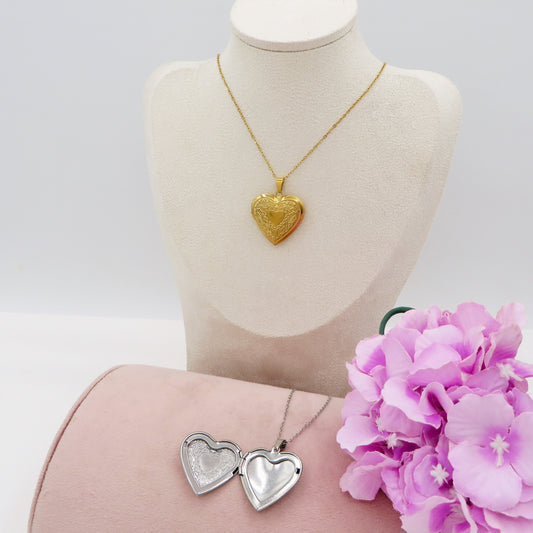 JUNIPER PORTAFOTO ~ACCIAIO inossidabile - Collana catena cuore bombè lavorato apribile