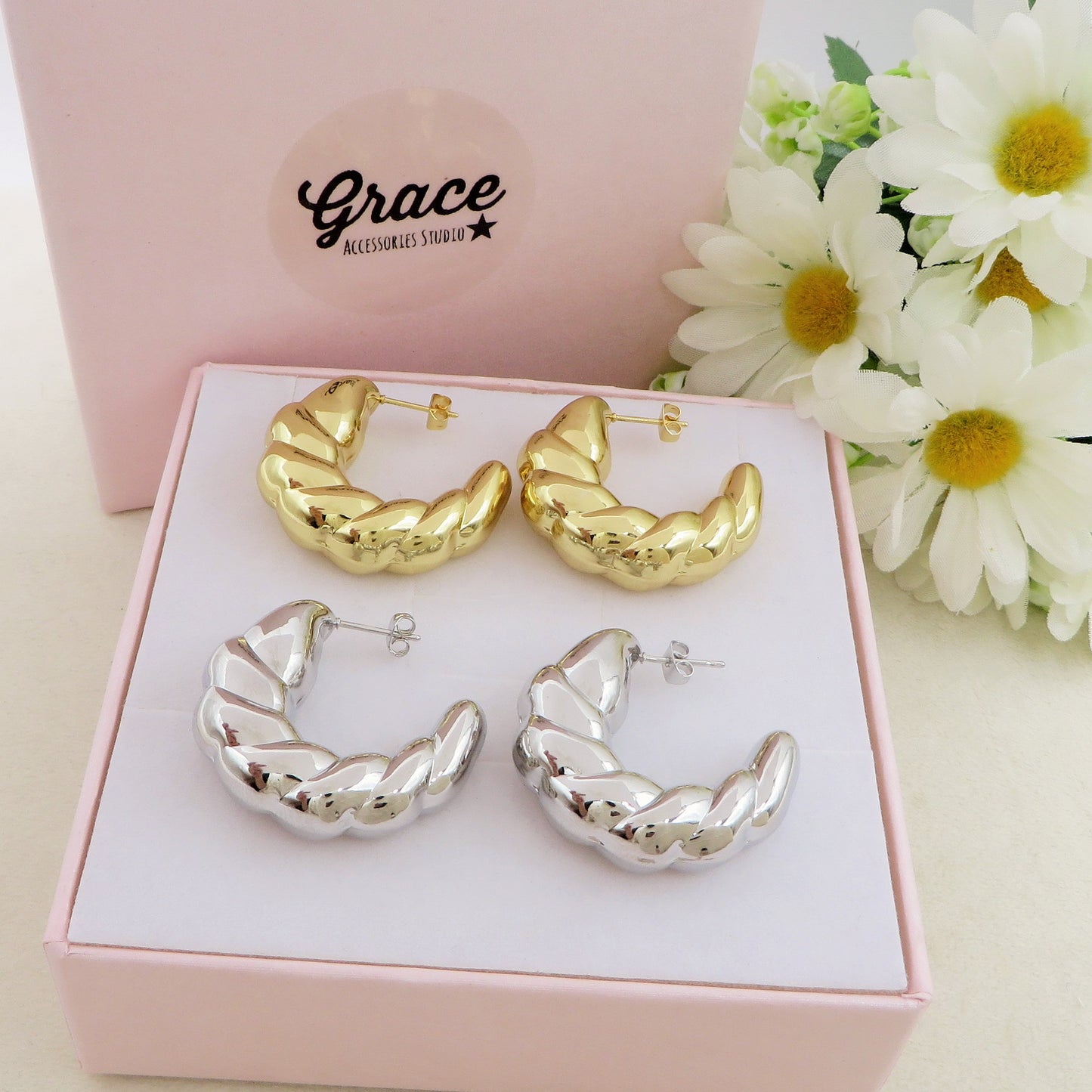 QUINN BIG HOOPS - acciaio inossidabile orecchini cerchio bombati torchon vintage