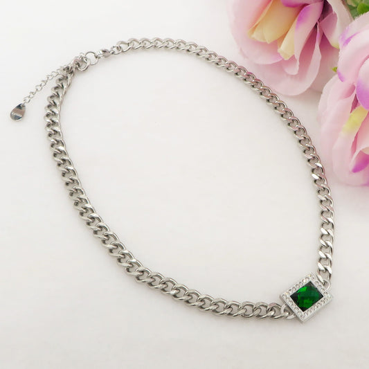 JANIS ~ ACCIAIO INOSSIDABILE - Collana groumette con pietra centrale e cubic zirconia