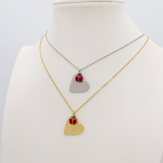 LUCKY HEART ~ ACCIAIO INOSSIDABILE - Collana cuore lucente + coccinella portafortuna