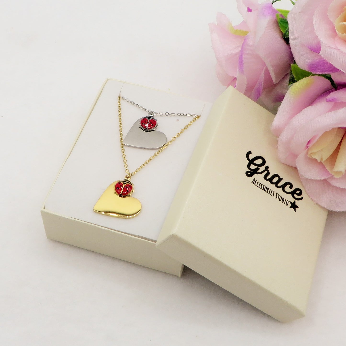 LUCKY HEART ~ ACCIAIO INOSSIDABILE - Collana cuore lucente + coccinella portafortuna