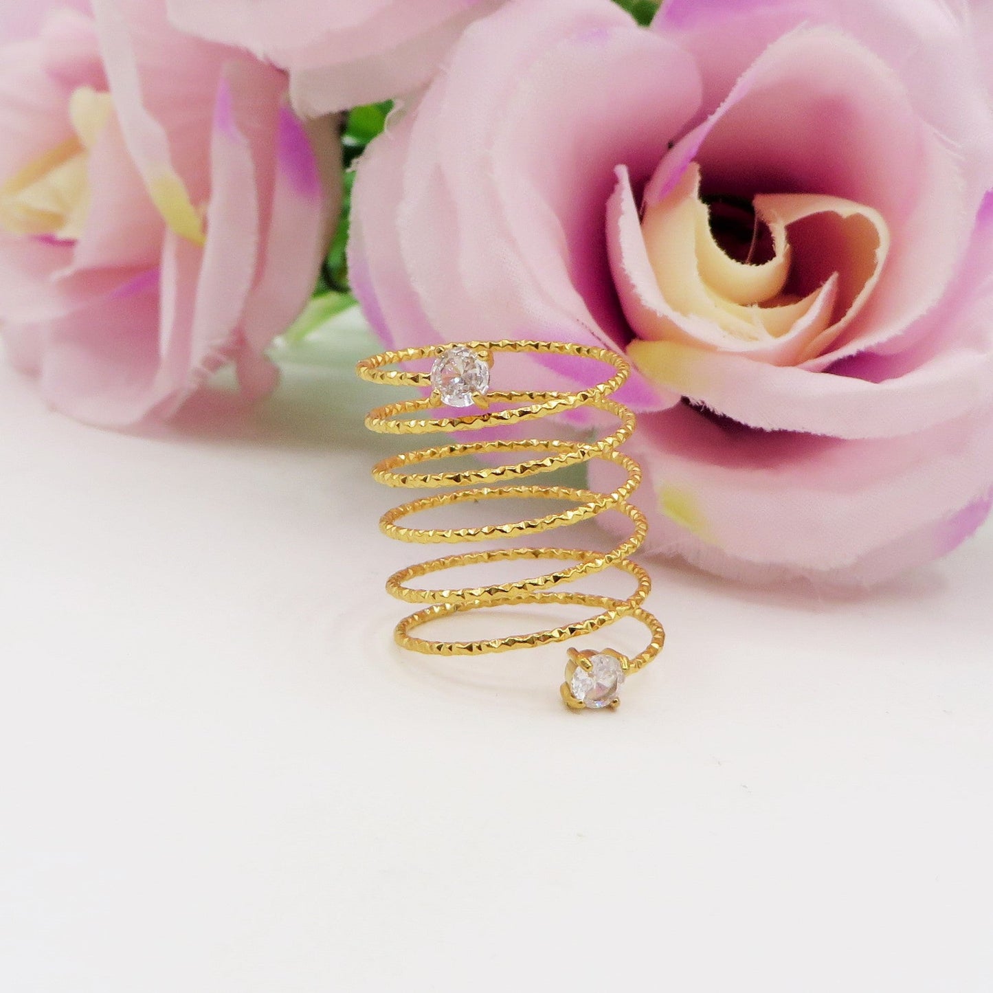 ANITA ~ Anello a spirale regolabile in ACCIAIO INOSSIDABILE con cubic zirconia