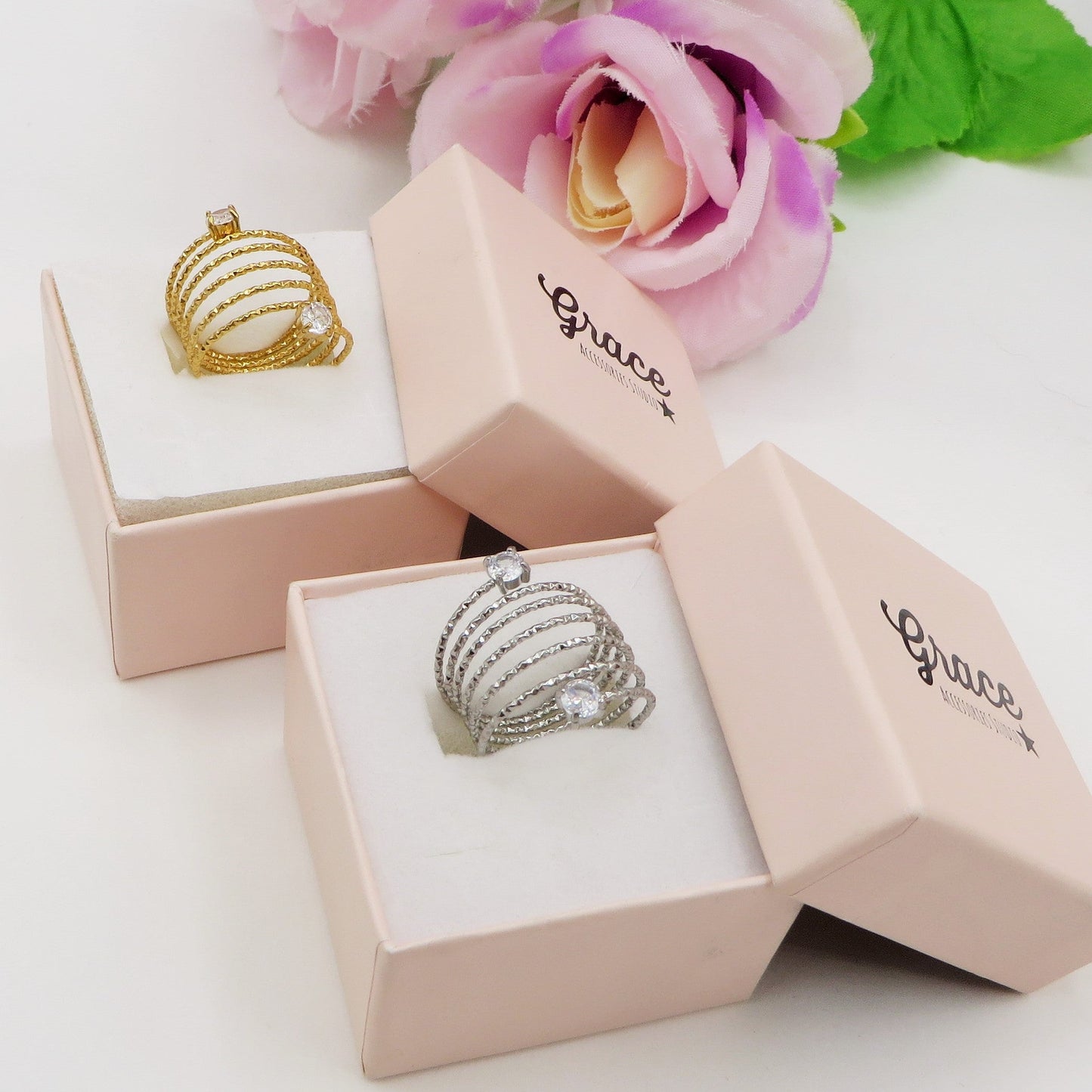 ANITA ~ Anello a spirale regolabile in ACCIAIO INOSSIDABILE con cubic zirconia