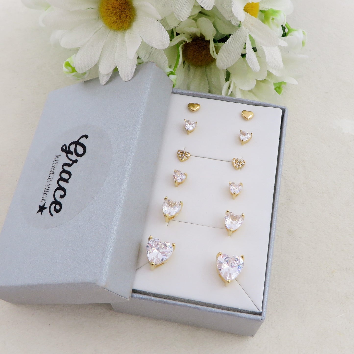 SET 6 PAIA~punti luce cuore acciaio inossidabile ~ 12 PZ ~ Orecchini a lobo con zirconi