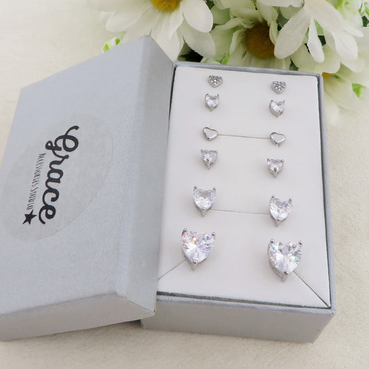 SET 6 PAIA~punti luce cuore acciaio inossidabile ~ 12 PZ ~ Orecchini a lobo con zirconi