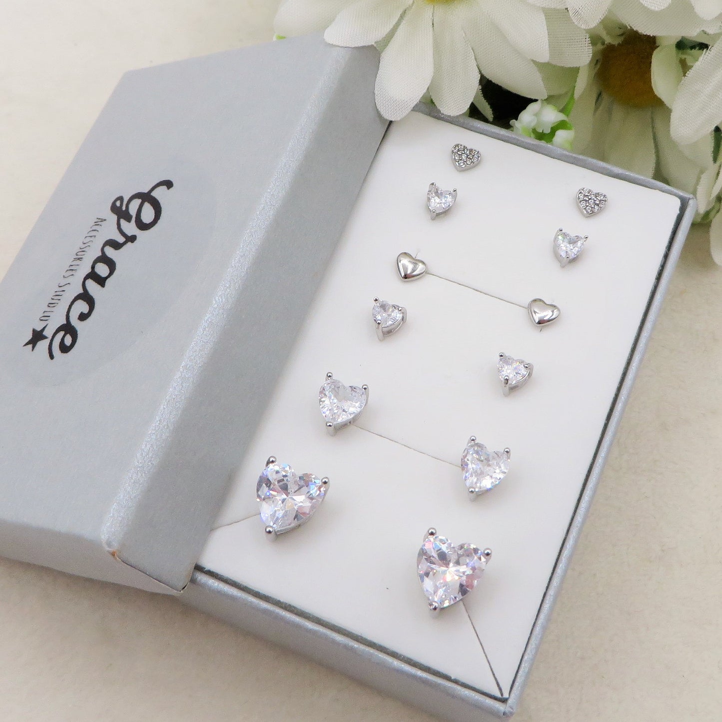 SET 6 PAIA~punti luce cuore acciaio inossidabile ~ 12 PZ ~ Orecchini a lobo con zirconi