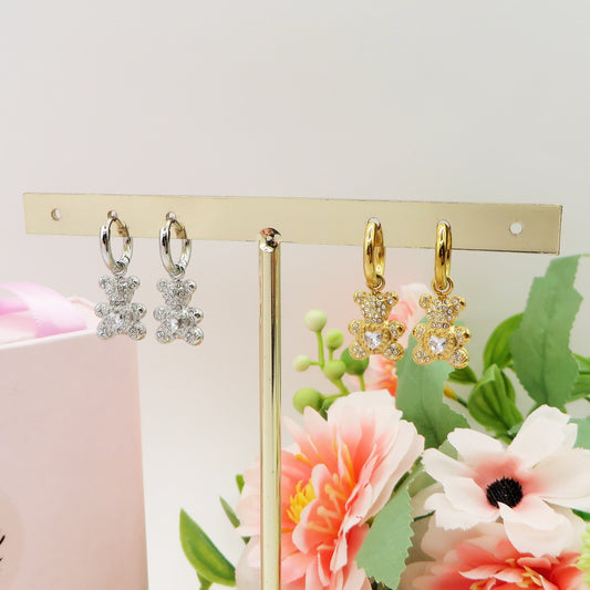 TEDDY CRYSTAL HOOPS in ACCIAIO inossidabile ~ Paio Orecchini orsetto zirconato pendenti con cubic zirconia