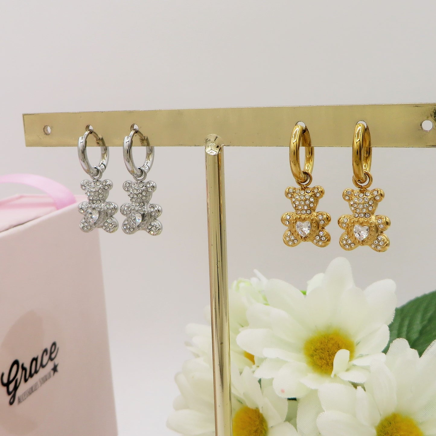 TEDDY CRYSTAL HOOPS in ACCIAIO inossidabile ~ Paio Orecchini orsetto zirconato pendenti con cubic zirconia
