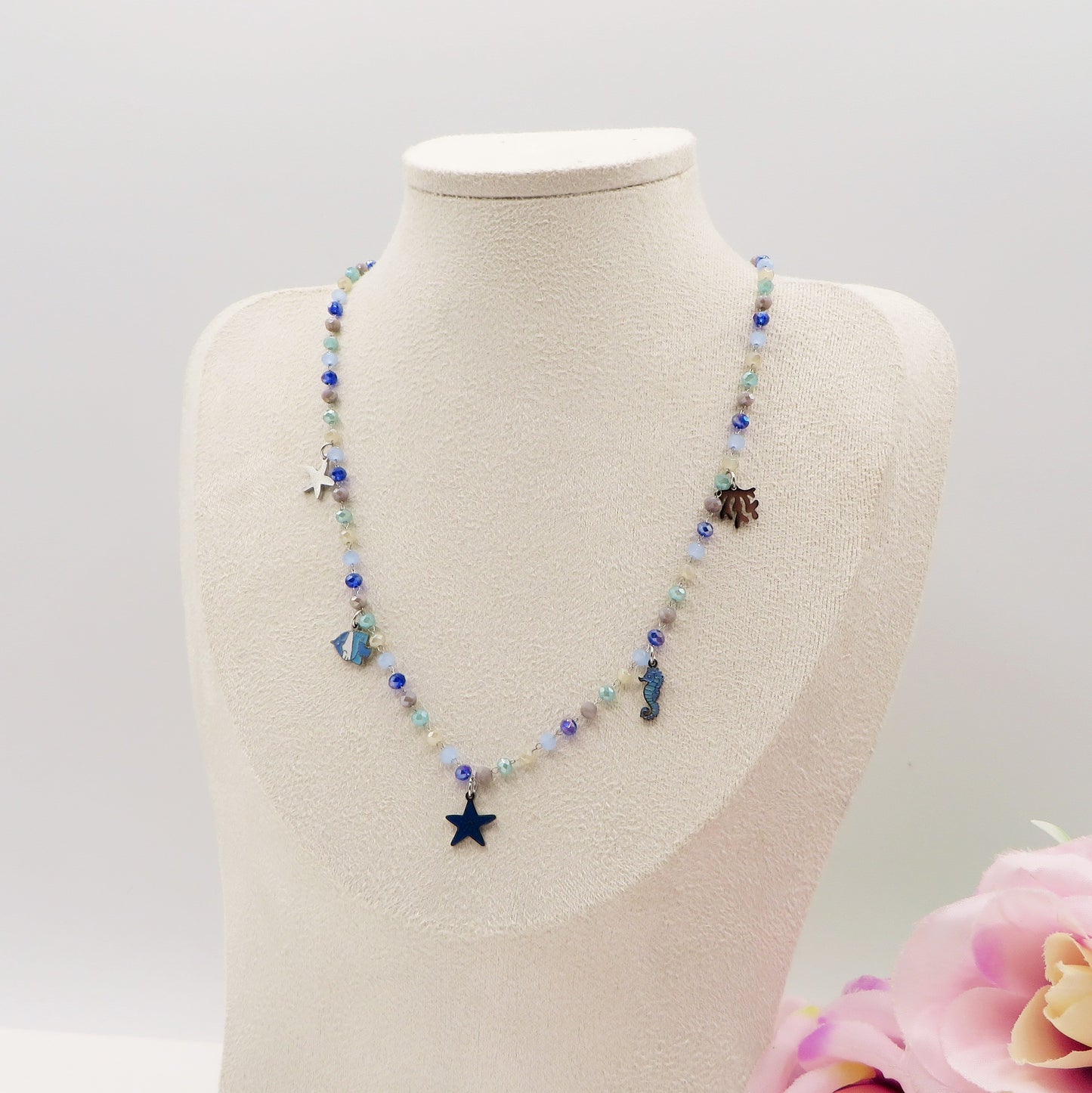 MAORI~ Collana ACCIAIO INOSSIDABILE con cristalli e ciondoli marini