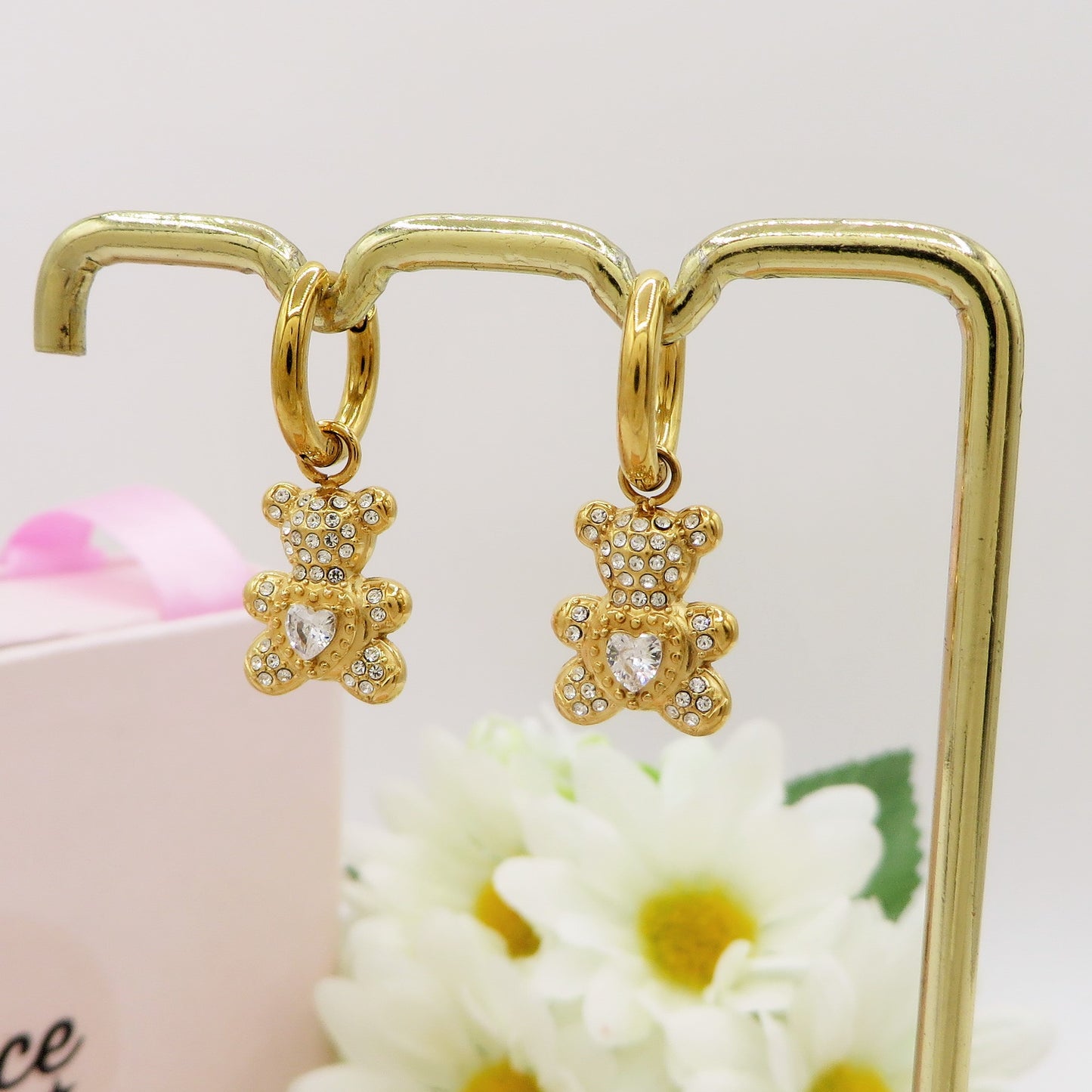 TEDDY CRYSTAL HOOPS in ACCIAIO inossidabile ~ Paio Orecchini orsetto zirconato pendenti con cubic zirconia