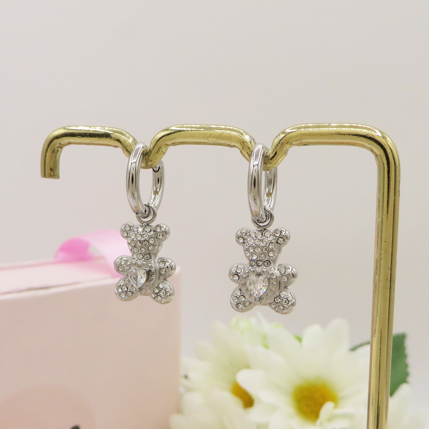 TEDDY CRYSTAL HOOPS in ACCIAIO inossidabile ~ Paio Orecchini orsetto zirconato pendenti con cubic zirconia