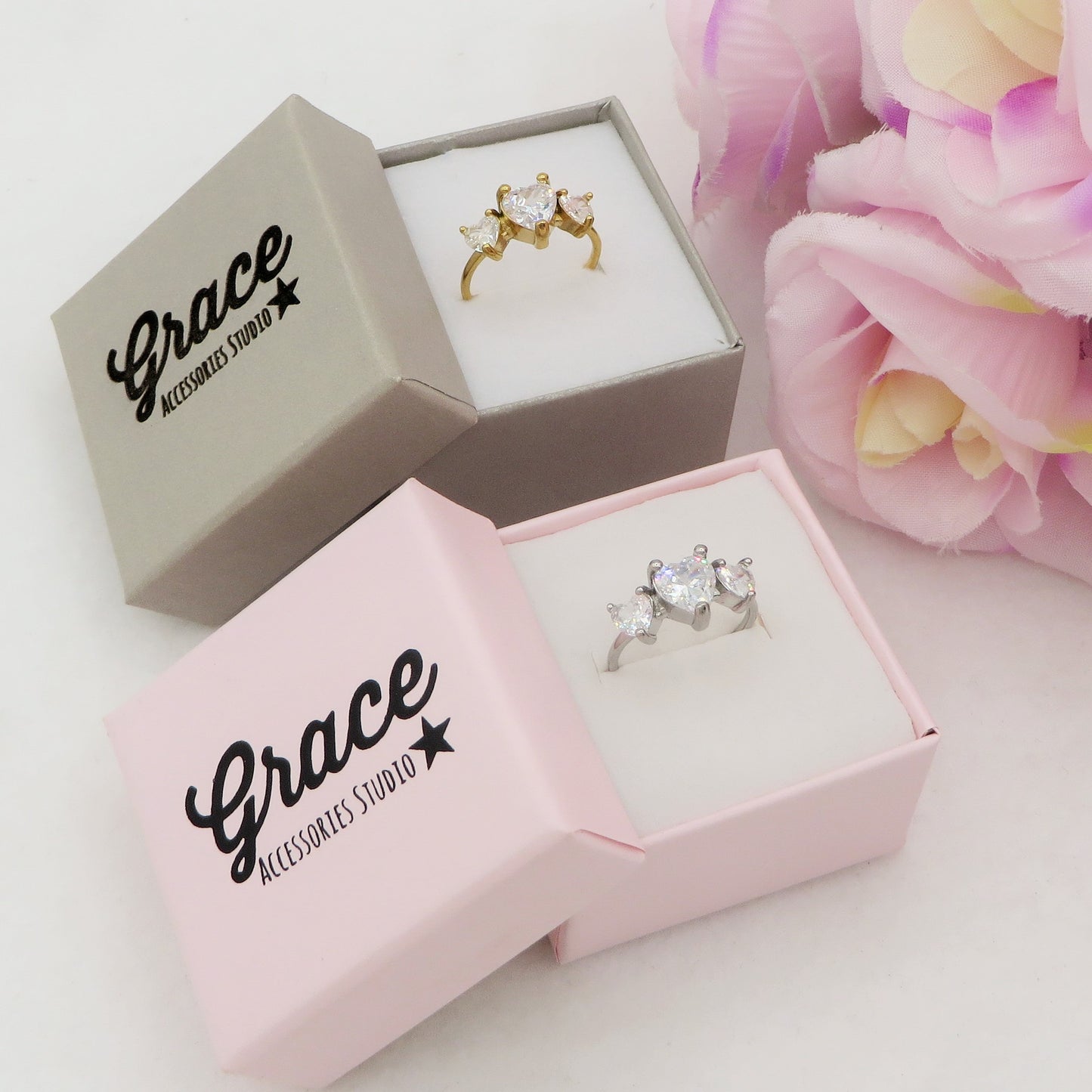 CHERIE TRILOGY - Anello regolabile in ACCIAIO inossidabile con cubic zirconia a forma di cuore