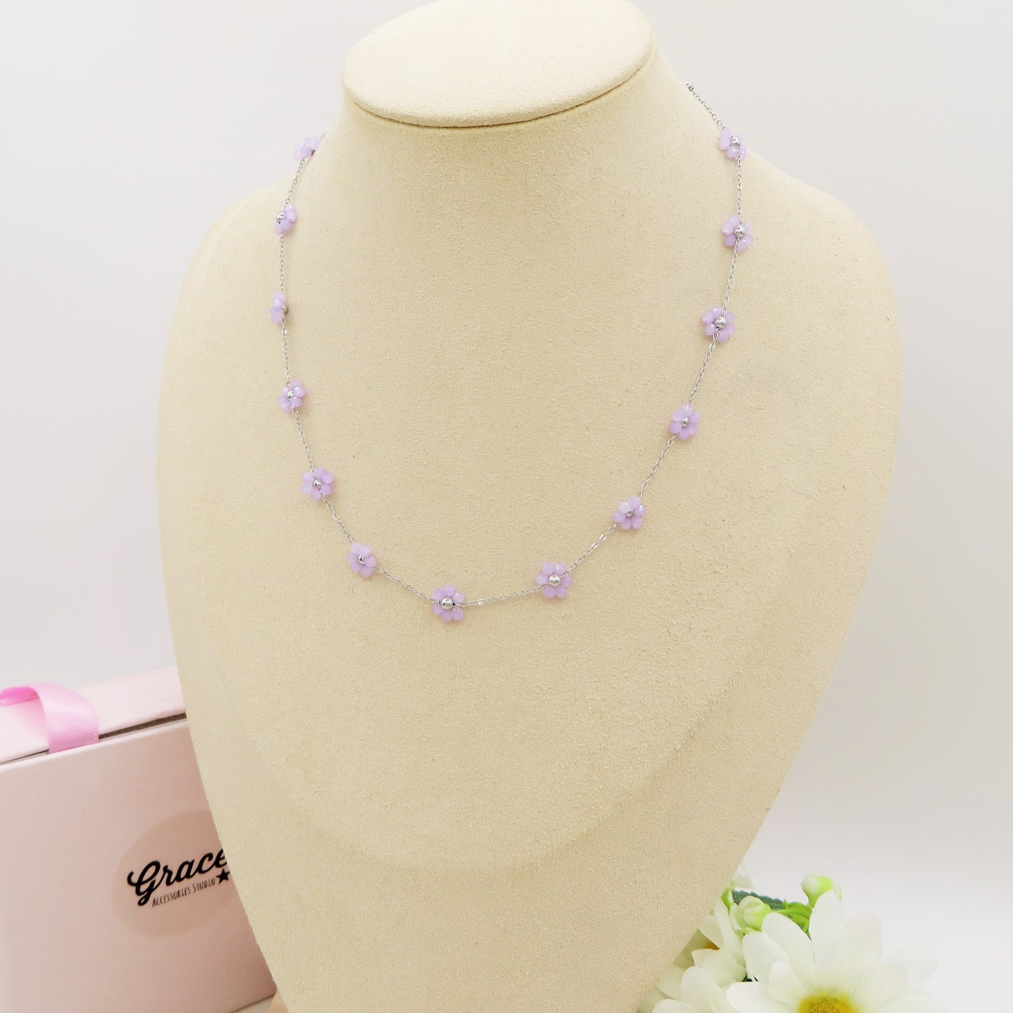 DAISY LILAC SET~ S et Collana + Bracciale fiori in Acciaio inossidabile con cristalli