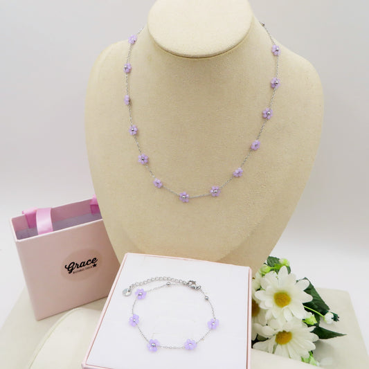 DAISY LILAC SET~ S et Collana + Bracciale fiori in Acciaio inossidabile con cristalli